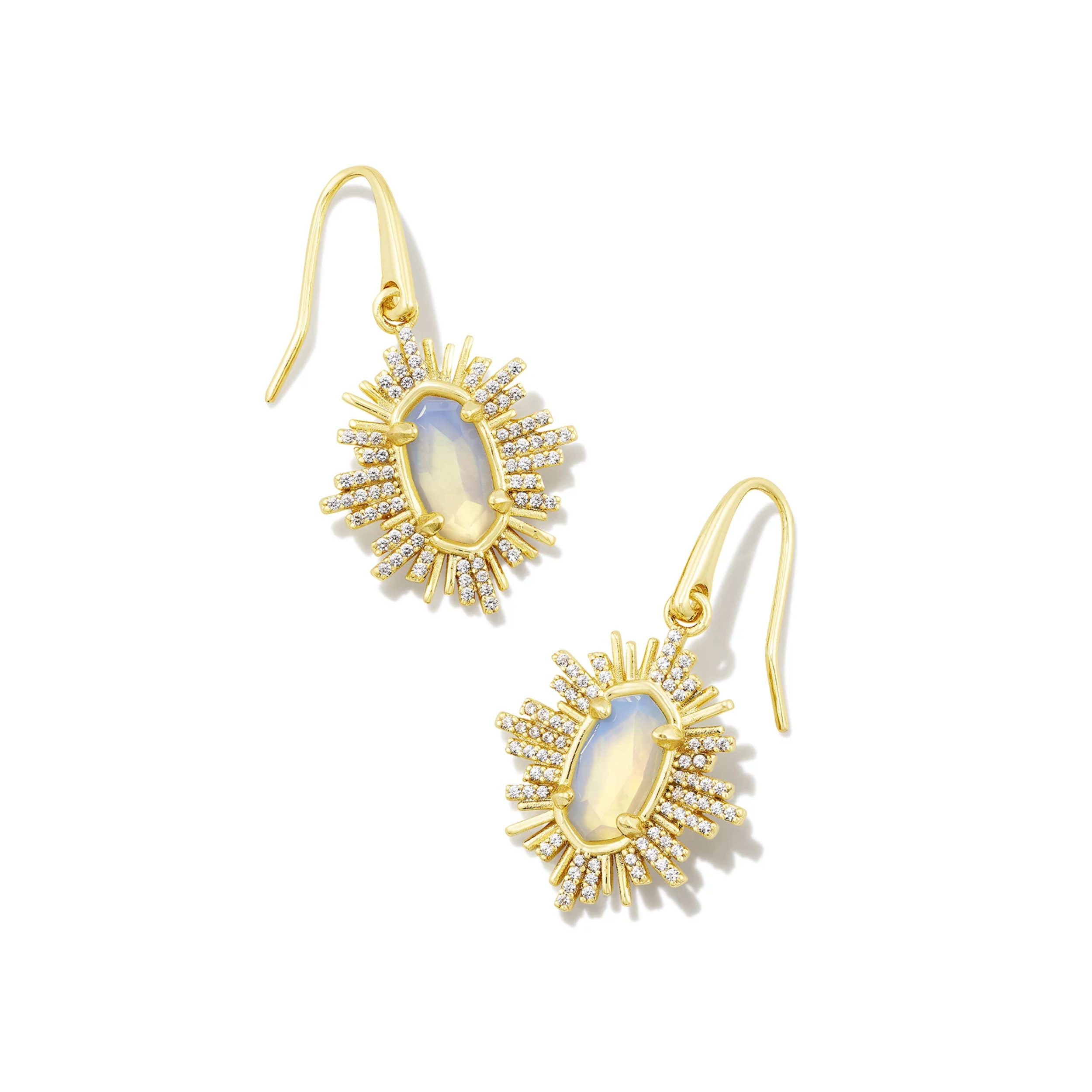 These Grayson Sunburst Gold Drop Earrings in Iridescent Opalite Illusion by Kendra Scott are picture on a white background.
