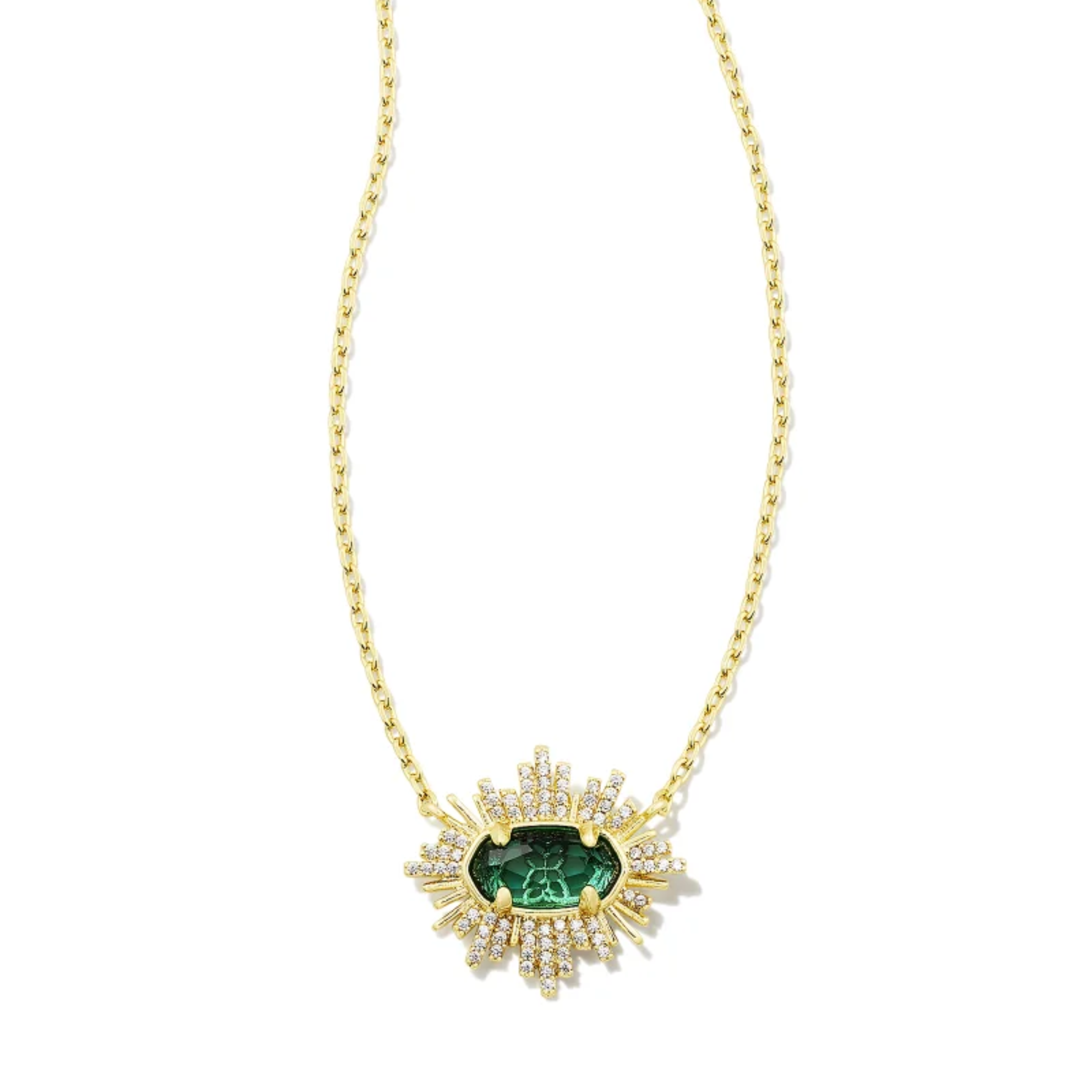 This Grayson Sunburst Gold Frame Pendant Necklace in Green Glass by Kendra Scott is pictured on a white background.