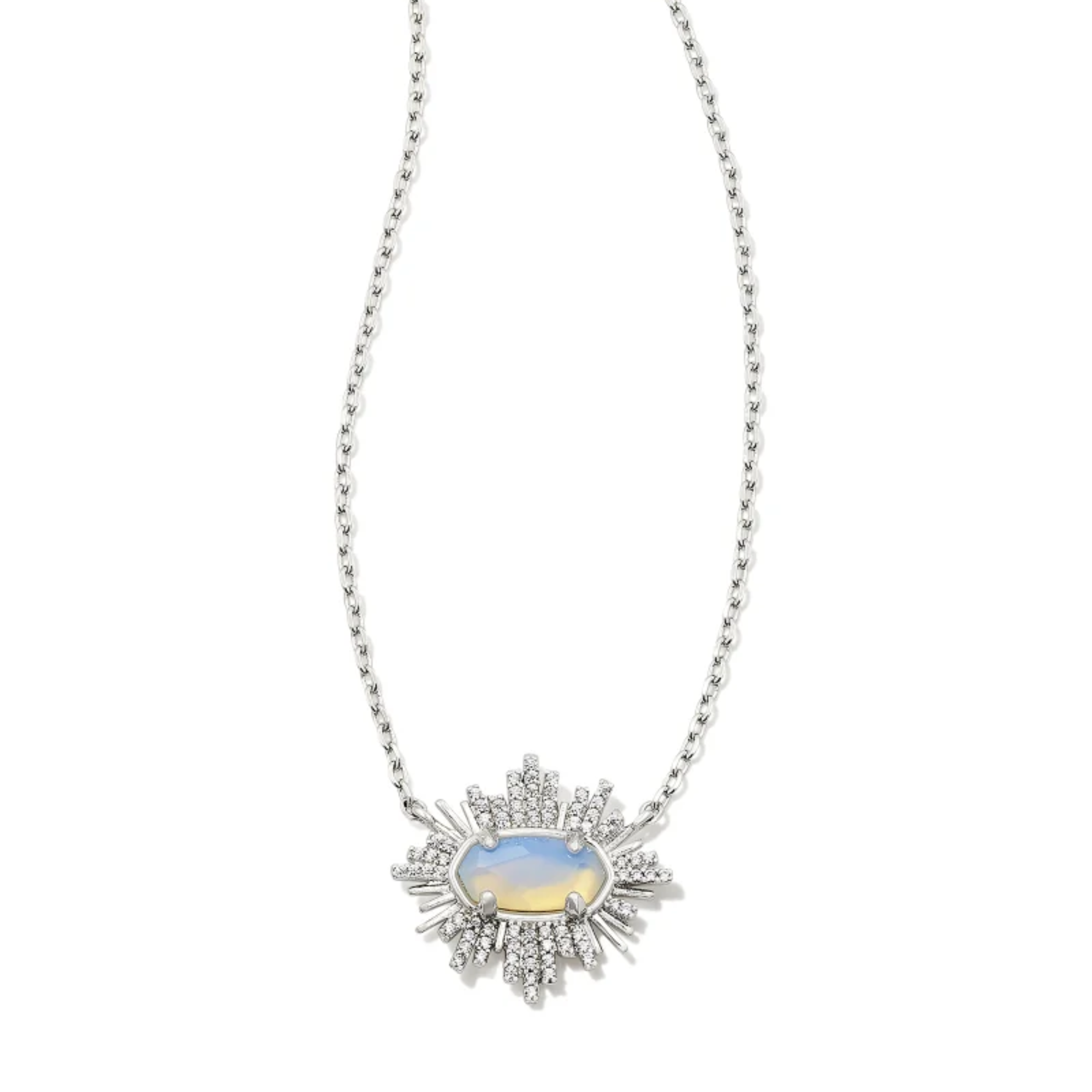 This Grayson Sunburst Silver Frame Pendant Necklace in Iridescent Opalite Illusion by Kendra Scott is pictured on a white background.