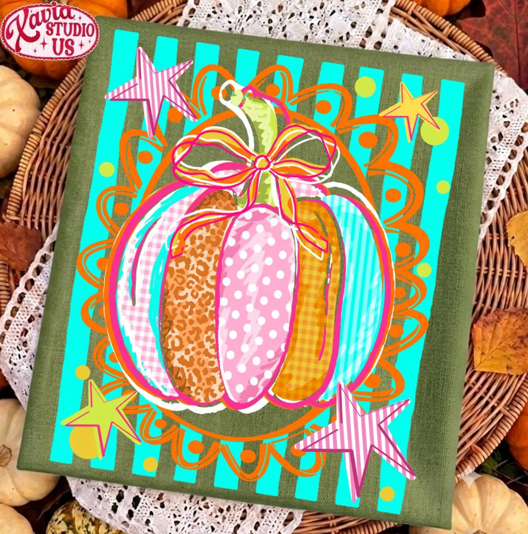 Custom Made to Order | Girly Mixed Print Pumpkin Graphic Tee or Sweatshirt in Multiple Printing Options on Olive Green