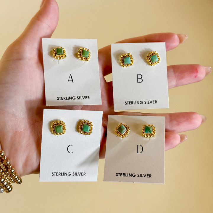 Hada Collection | Handmade Sterling Silver 14K Gold Square Kingman Turquoise Stud Earrings
