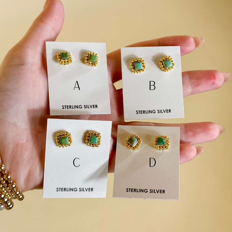 Hada Collection | Handmade Sterling Silver 14K Gold Square Kingman Turquoise Stud Earrings