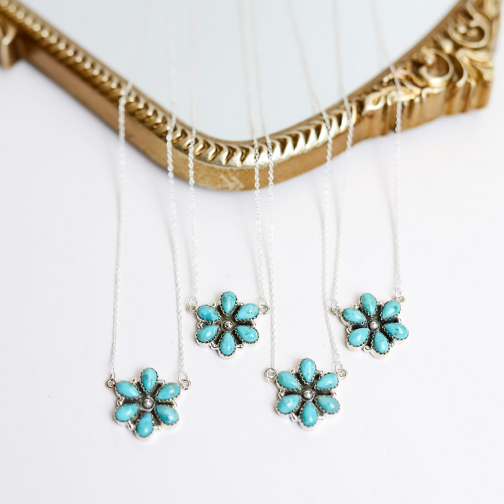 Hada Collection  Handmade Small Sterling Silver Chain Necklace with Kingman Turquoise Flower Cluster Pendant