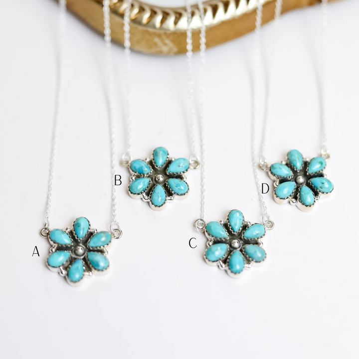 Hada Collection  Handmade Small Sterling Silver Chain Necklace with Kingman Turquoise Flower Cluster Pendant