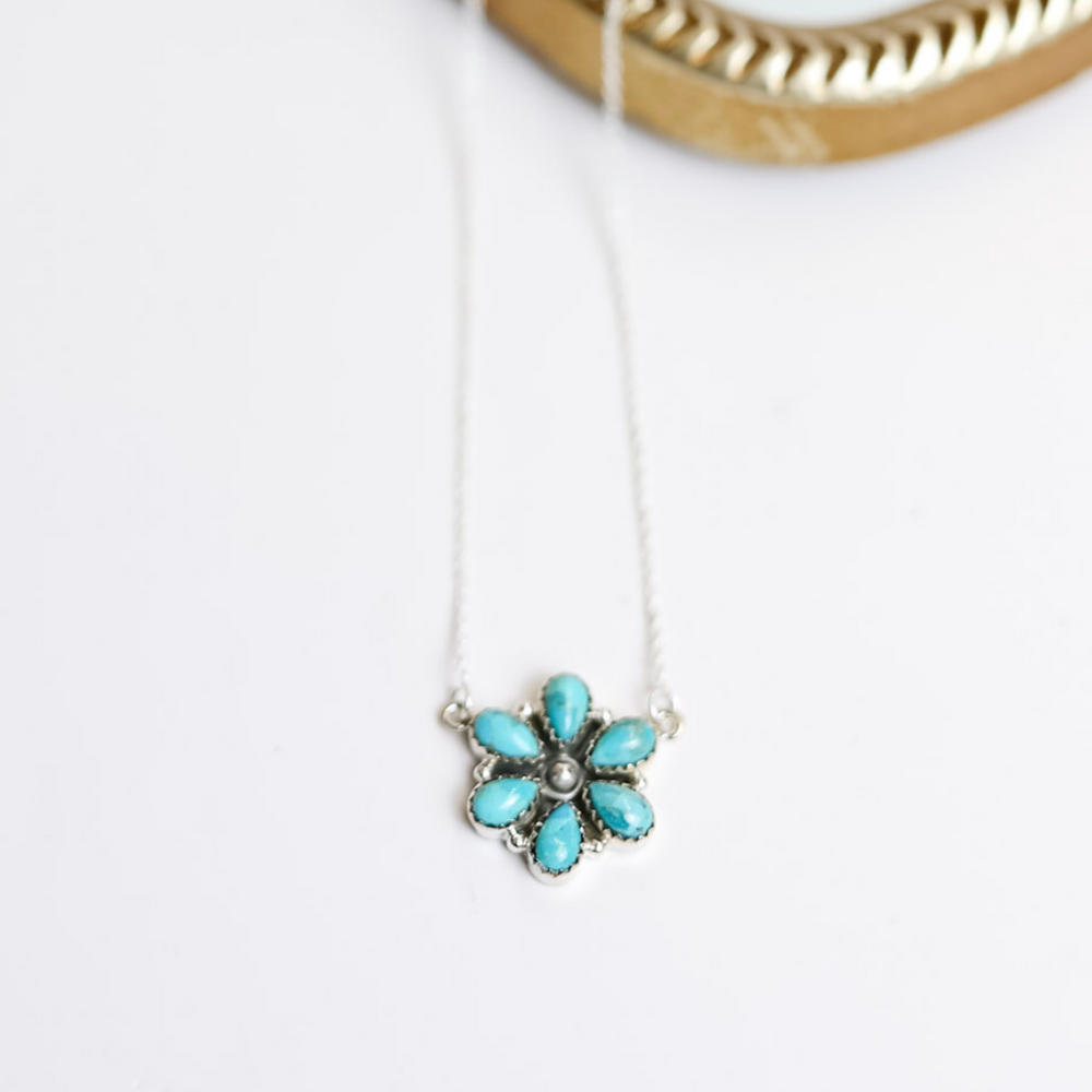 Hada Collection  Handmade Small Sterling Silver Chain Necklace with Kingman Turquoise Flower Cluster Pendant