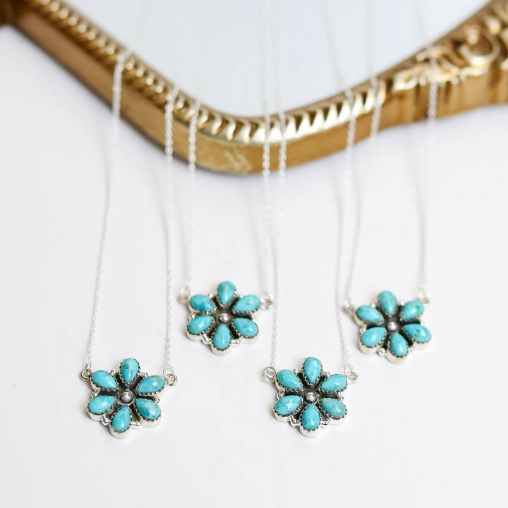 Hada Collection  Handmade Small Sterling Silver Chain Necklace with Kingman Turquoise Flower Cluster Pendant
