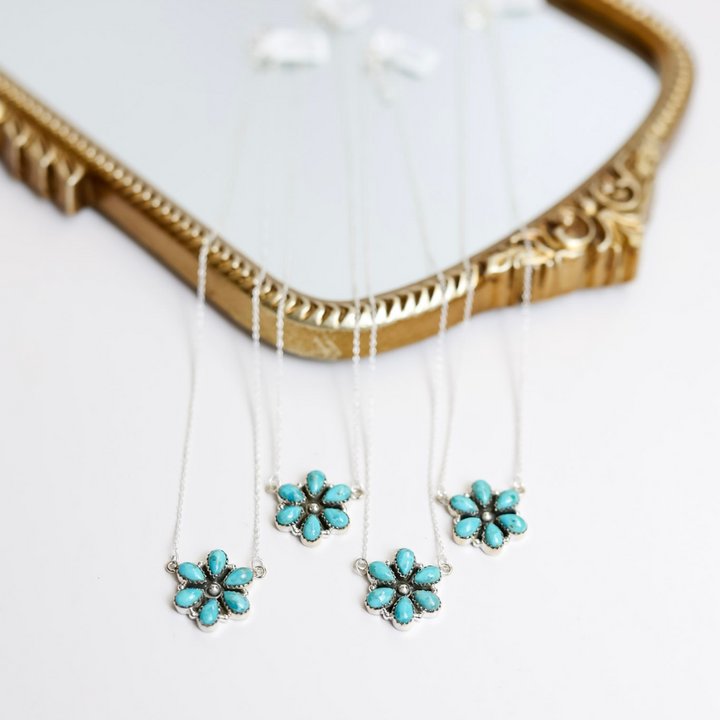 Hada Collection  Handmade Small Sterling Silver Chain Necklace with Kingman Turquoise Flower Cluster Pendant