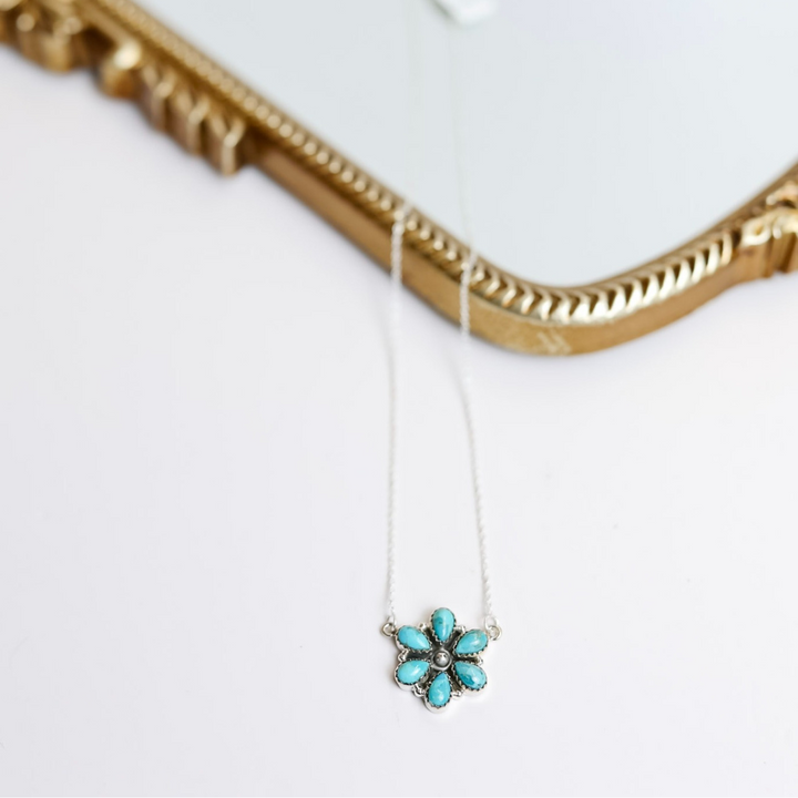 Hada Collection  Handmade Small Sterling Silver Chain Necklace with Kingman Turquoise Flower Cluster Pendant