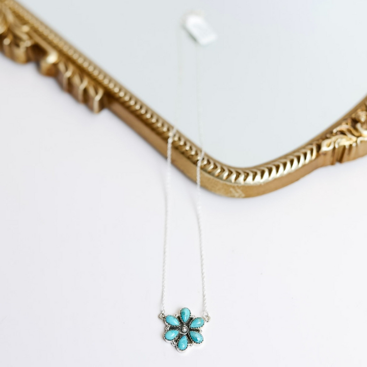 Hada Collection  Handmade Small Sterling Silver Chain Necklace with Kingman Turquoise Flower Cluster Pendant