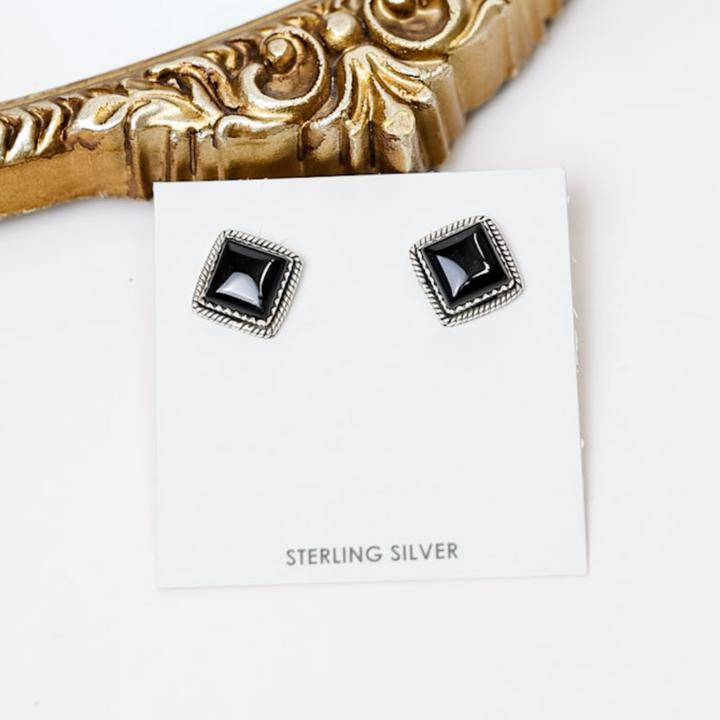 Hada Collection  Handmade Sterling Silver Square Shaped Stud Earrings with Black Onyx Stones
