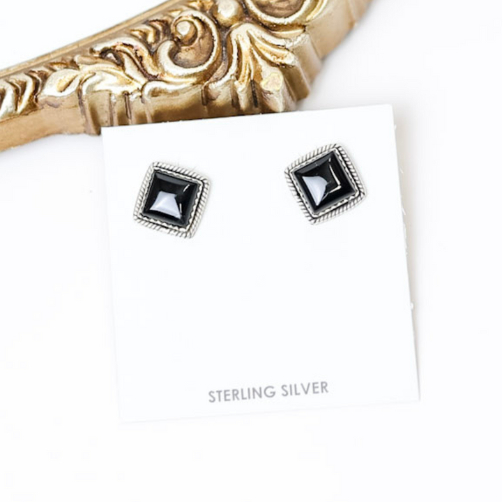 Hada Collection  Handmade Sterling Silver Square Shaped Stud Earrings with Black Onyx Stones
