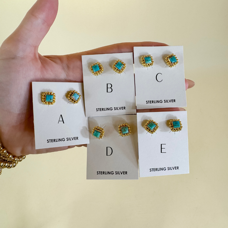 Hada Collection | Handmade Sterling Silver 14K Gold Square Kingman Turquoise Stud Earrings