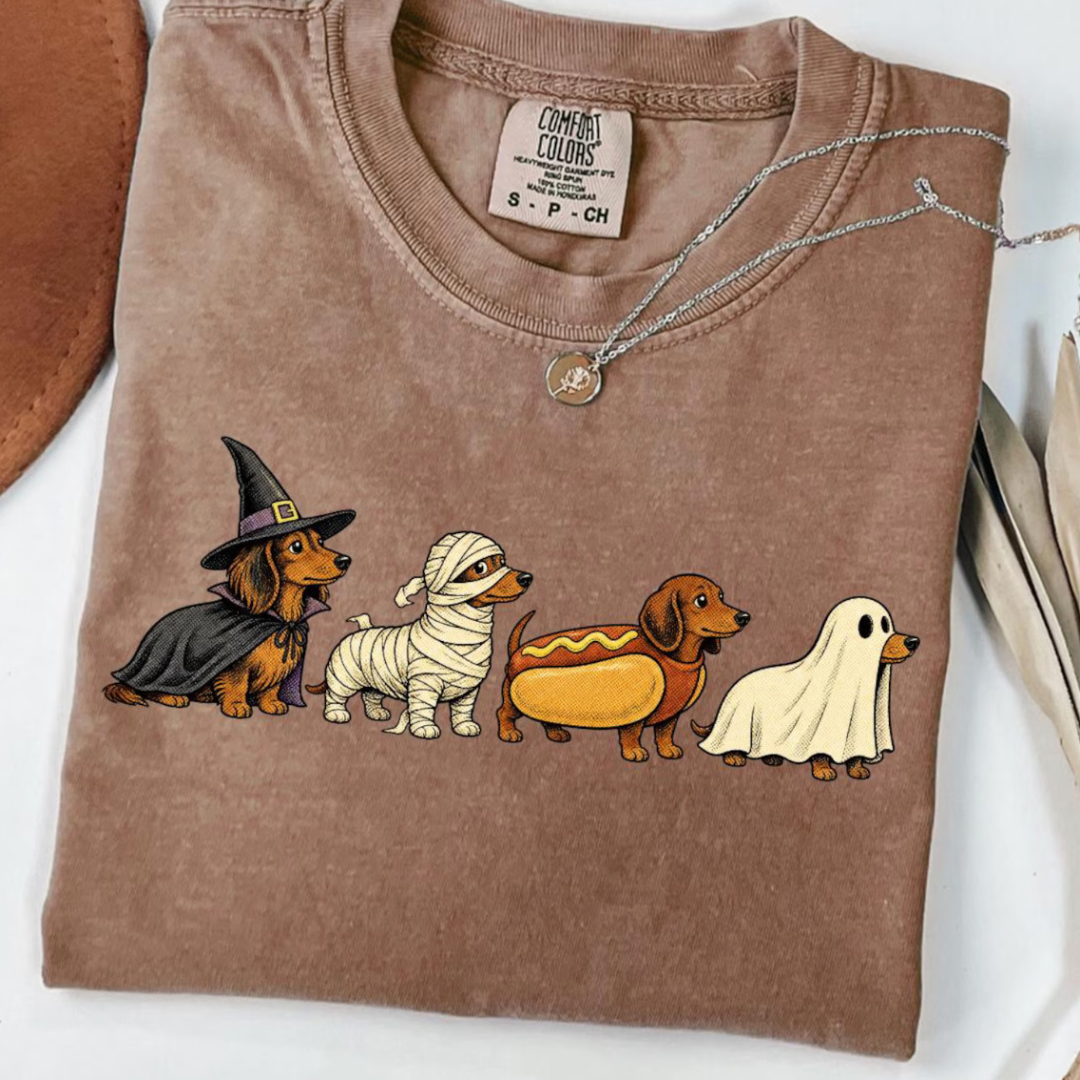 Made to Order | Halloween Costume Weenies Graphic Design Tee or Sweatshirt in Multiple Printing Options on Brown