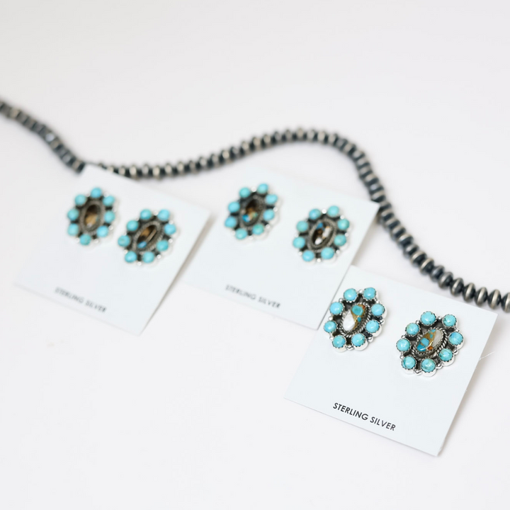 Handmade Sterling Silver White Buffalo + Turquoise Remix Flower Cluster Stud Earrings