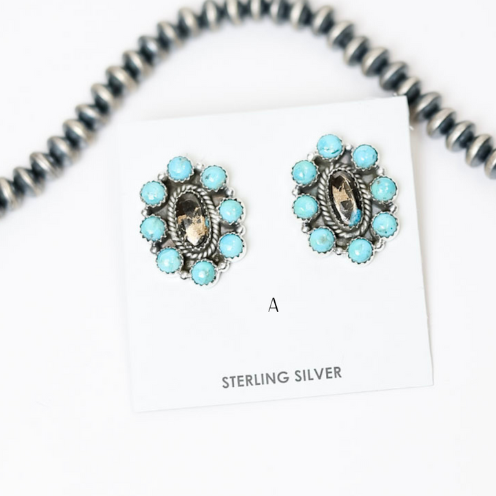 Handmade Sterling Silver White Buffalo + Turquoise Remix Flower Cluster Stud Earrings
