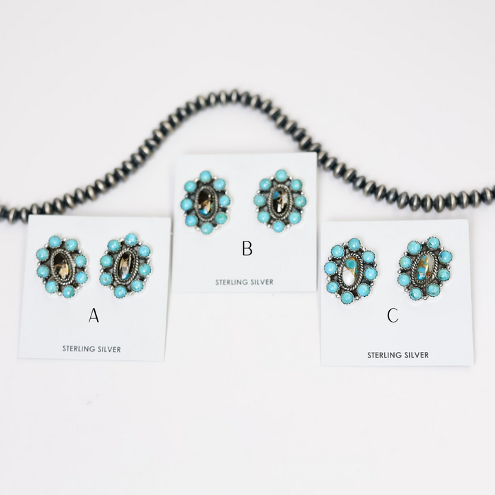 Handmade Sterling Silver White Buffalo + Turquoise Remix Flower Cluster Stud Earrings