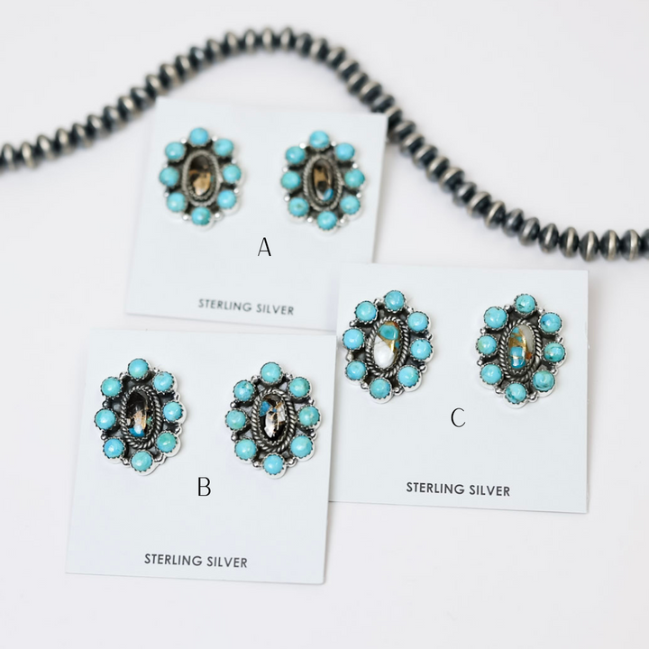 Handmade Sterling Silver White Buffalo + Turquoise Remix Flower Cluster Stud Earrings