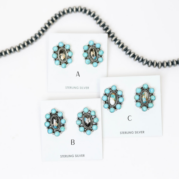 Handmade Sterling Silver White Buffalo + Turquoise Remix Flower Cluster Stud Earrings