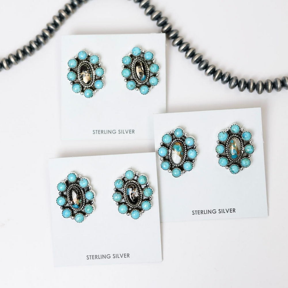 Handmade Sterling Silver White Buffalo + Turquoise Remix Flower Cluster Stud Earrings