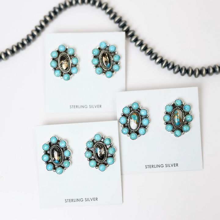 Handmade Sterling Silver White Buffalo + Turquoise Remix Flower Cluster Stud Earrings