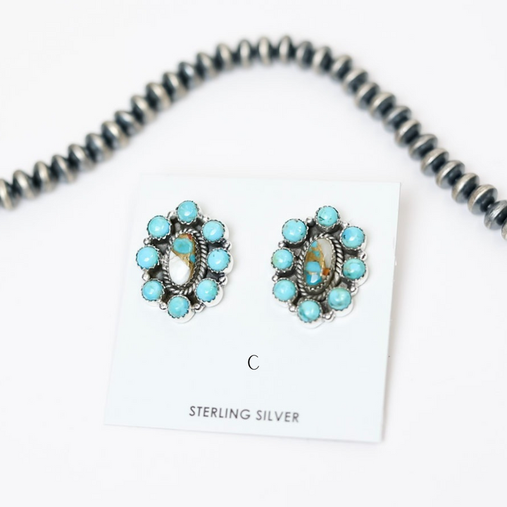 Handmade Sterling Silver White Buffalo + Turquoise Remix Flower Cluster Stud Earrings