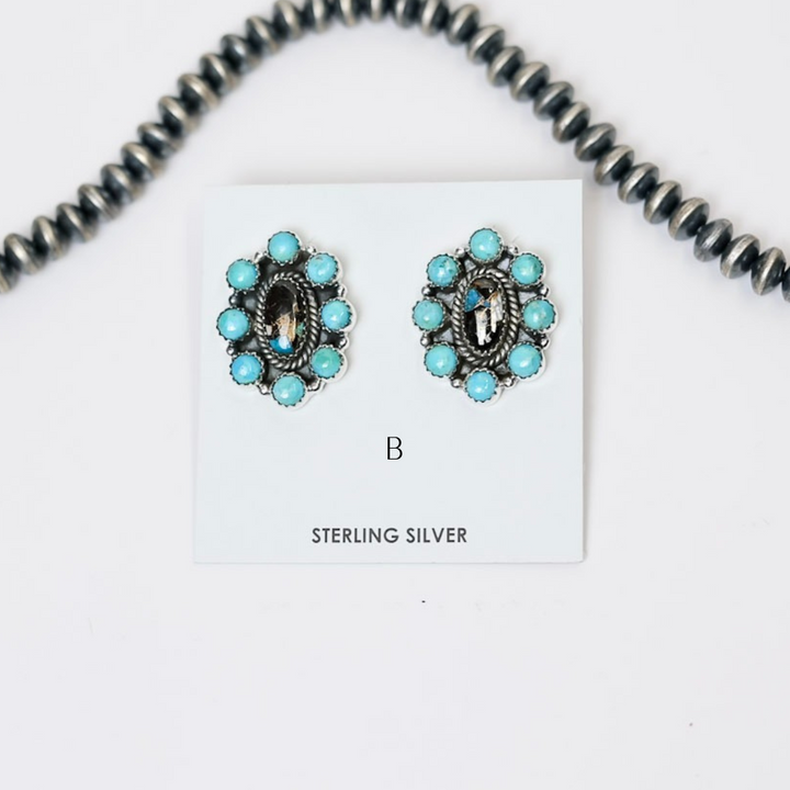 Handmade Sterling Silver White Buffalo + Turquoise Remix Flower Cluster Stud Earrings
