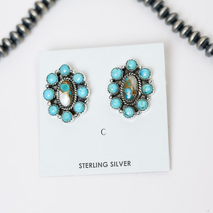Handmade Sterling Silver White Buffalo + Turquoise Remix Flower Cluster Stud Earrings