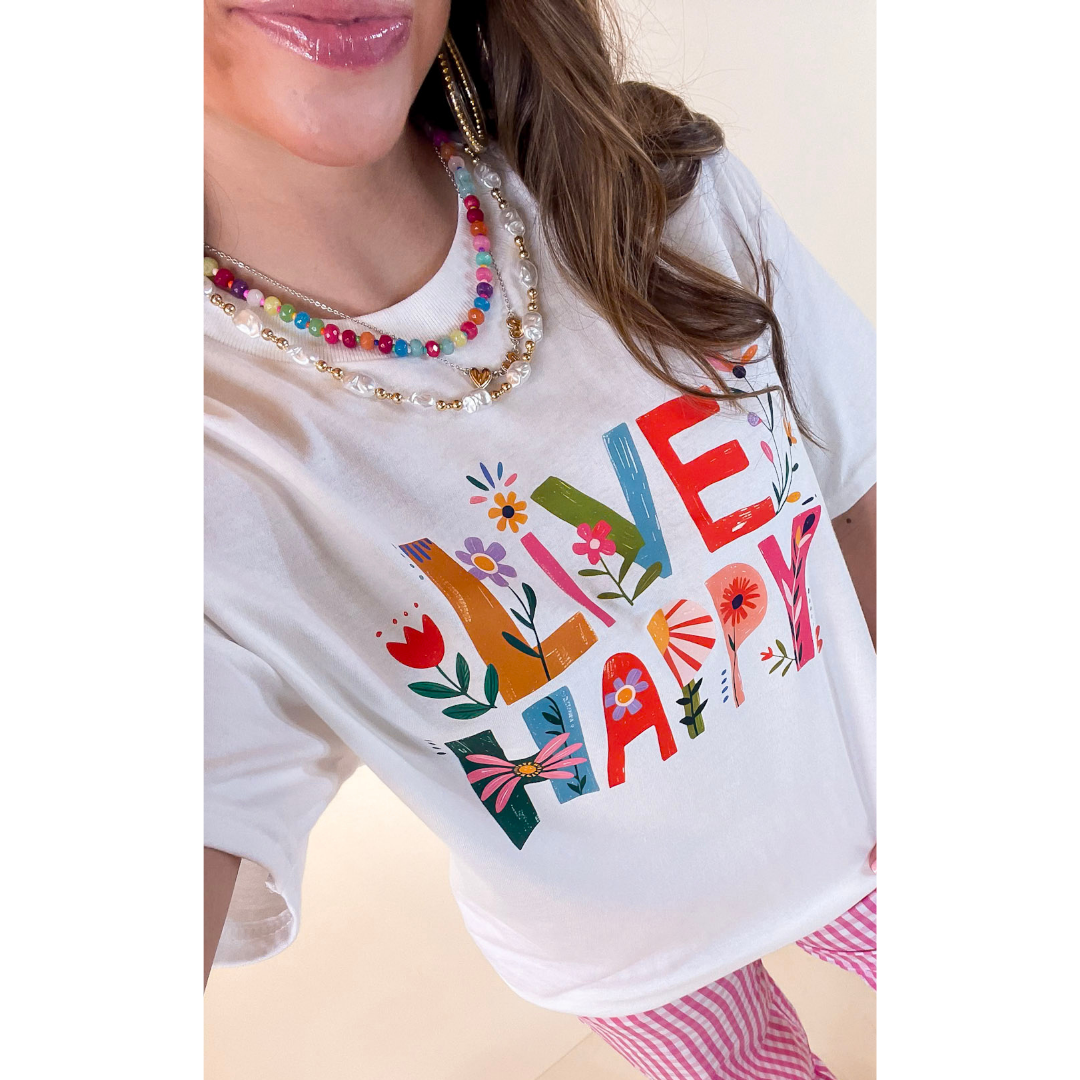 Happiness on Repeat "Live Happy" Floral Print Short Sleeve Graphic Tee in White