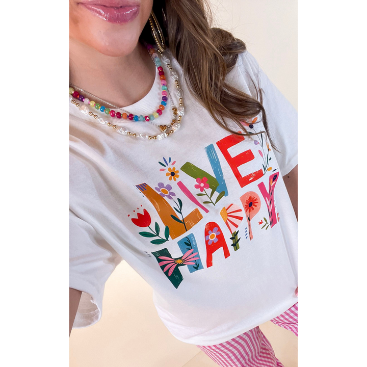 Happiness on Repeat "Live Happy" Floral Print Short Sleeve Graphic Tee in White