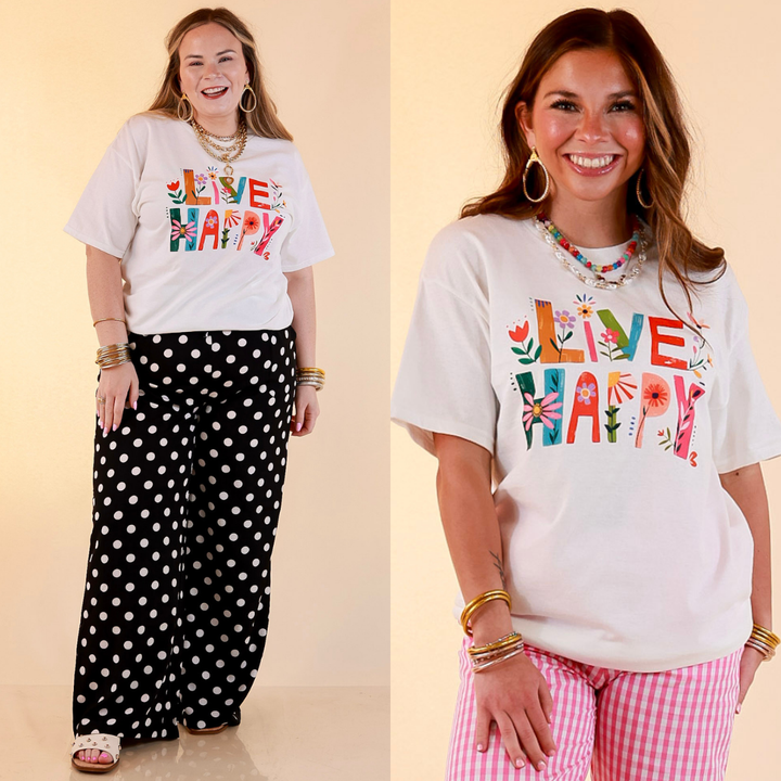 Happiness on Repeat "Live Happy" Floral Print Short Sleeve Graphic Tee in White