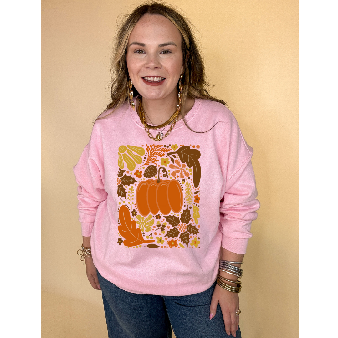 Online Exclusive | Fall Mania Graphic Sweatshirt with Hand drawn Pumpkin and leaves in Multiple Color Options