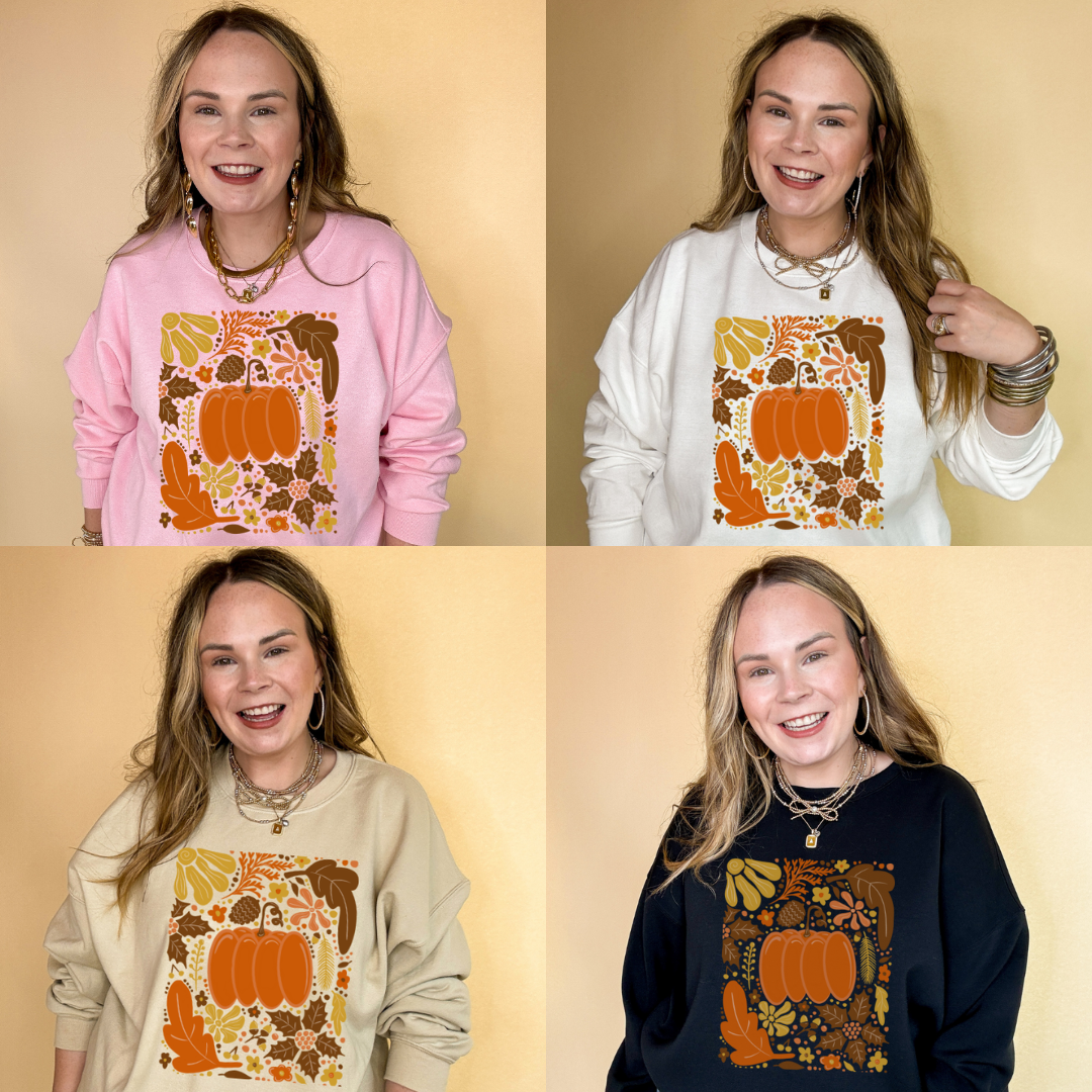 Online Exclusive | Fall Mania Graphic Sweatshirt with Hand drawn Pumpkin and leaves in Multiple Color Options