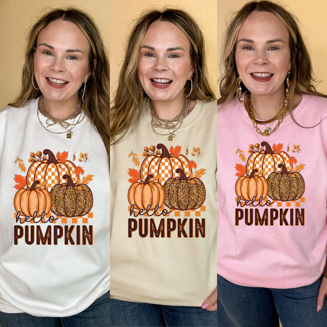 Online Exclusive | Hello Pumpkin Leopard, Checkered and Sold Pumpkins Graphic Sweatshirt in Multiple Color Options