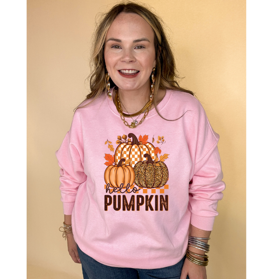 Online Exclusive | Hello Pumpkin Leopard, Checkered and Sold Pumpkins Graphic Sweatshirt in Multiple Color Options