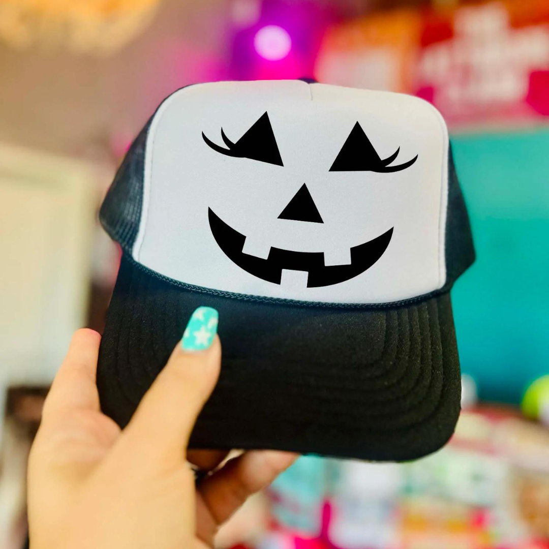 Online Exclusive | Happy Pumpkin Face Trucker Cap in Black and White