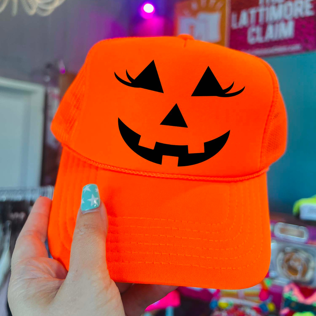 Online Exclusive | Happy Pumpkin Face Trucker Cap in Neon Orange