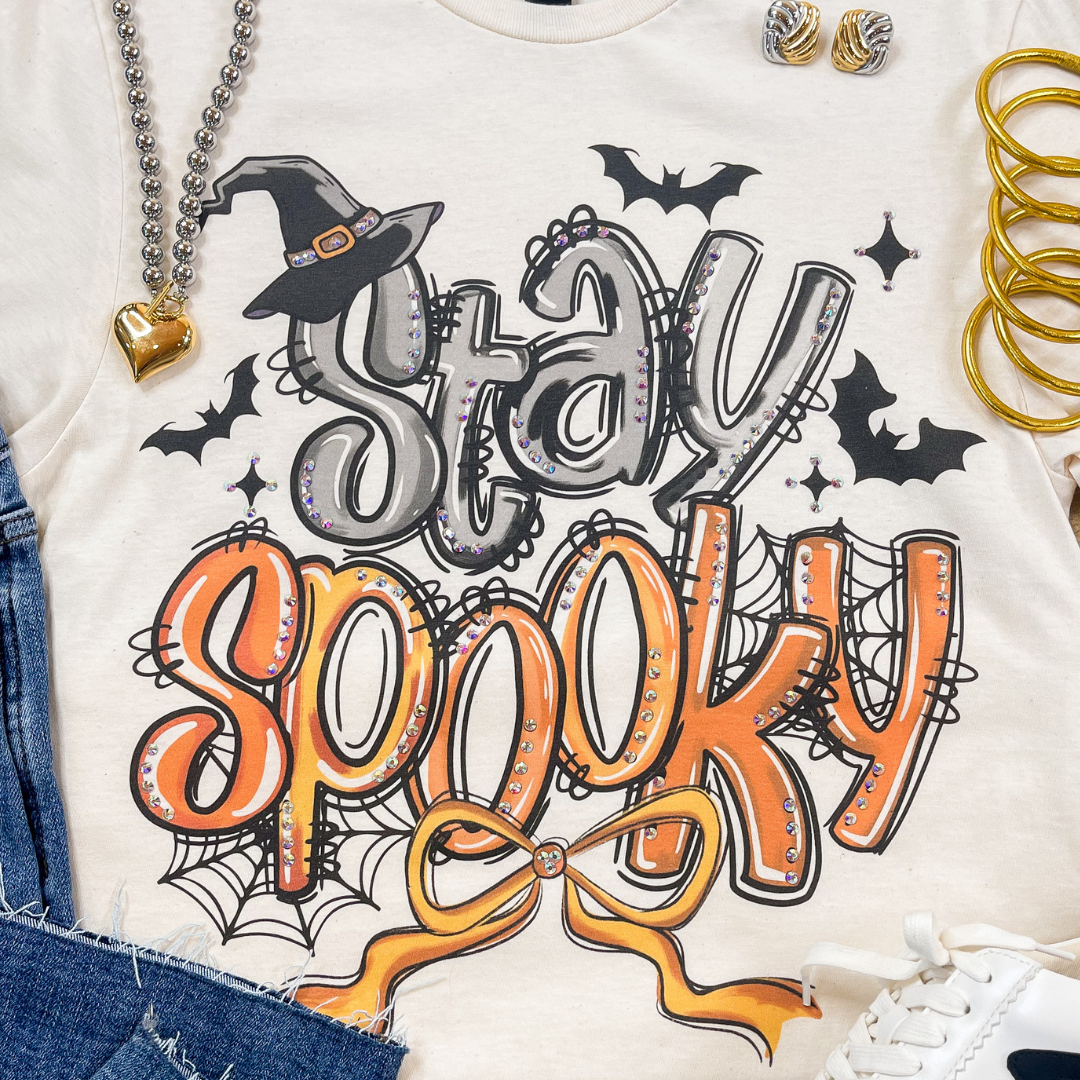 Haute and Haunted Stay Spooky Short Sleeve Graphic Tee with Crystals in Cream