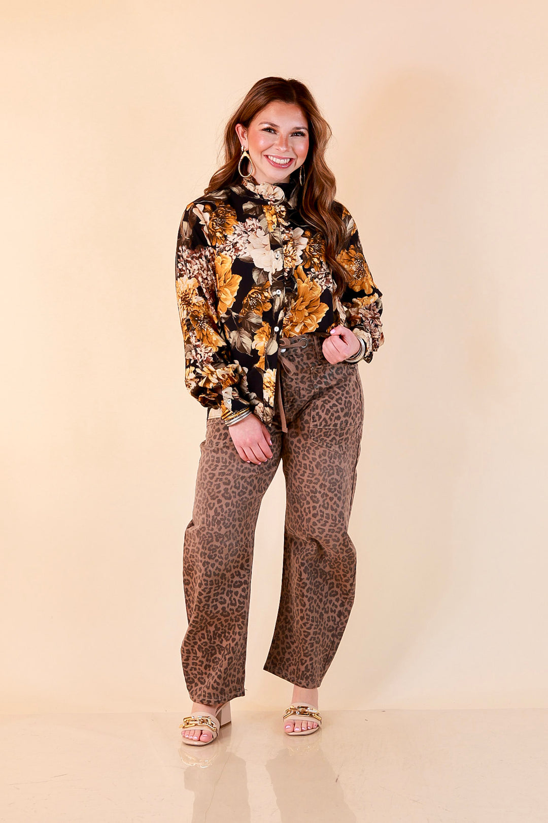 Heart of Gold black and gold floral tie neck long sleeve blouse