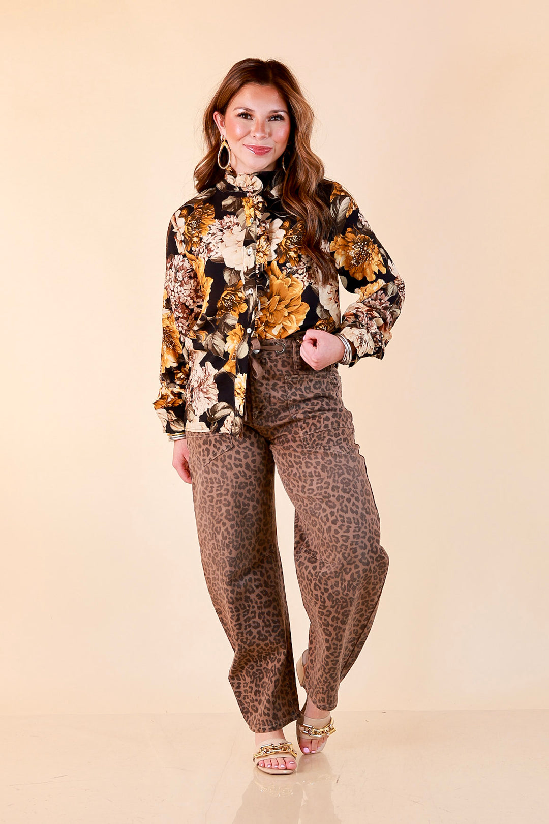 Heart of Gold black and gold floral tie neck long sleeve blouse