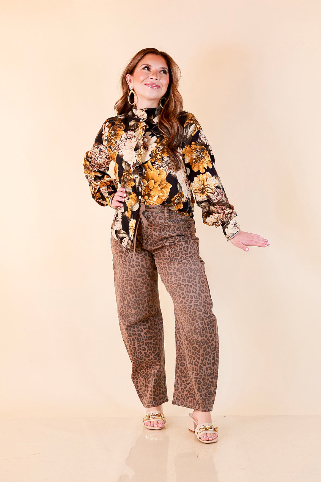 Heart of Gold black and gold floral tie neck long sleeve blouse