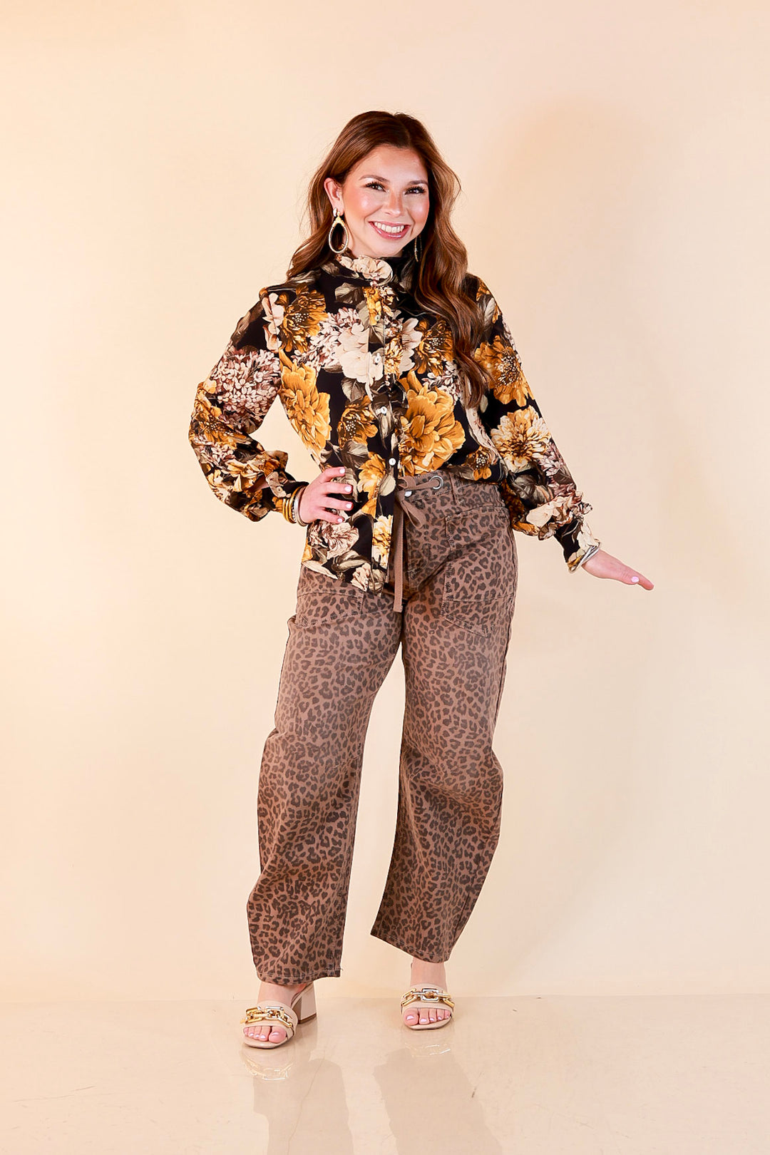 Heart of Gold black and gold floral tie neck long sleeve blouse