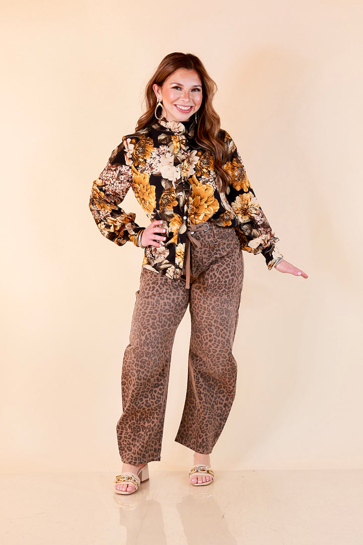 Heart of Gold black and gold floral tie neck long sleeve blouse