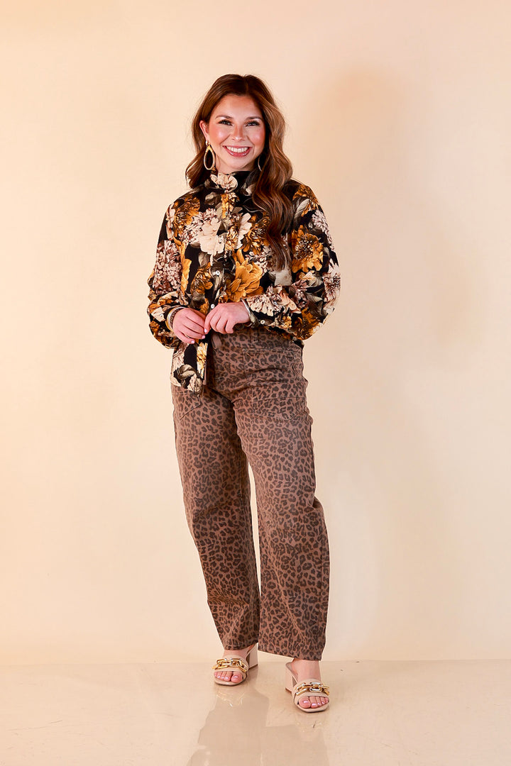Heart of Gold black and gold floral tie neck long sleeve blouse