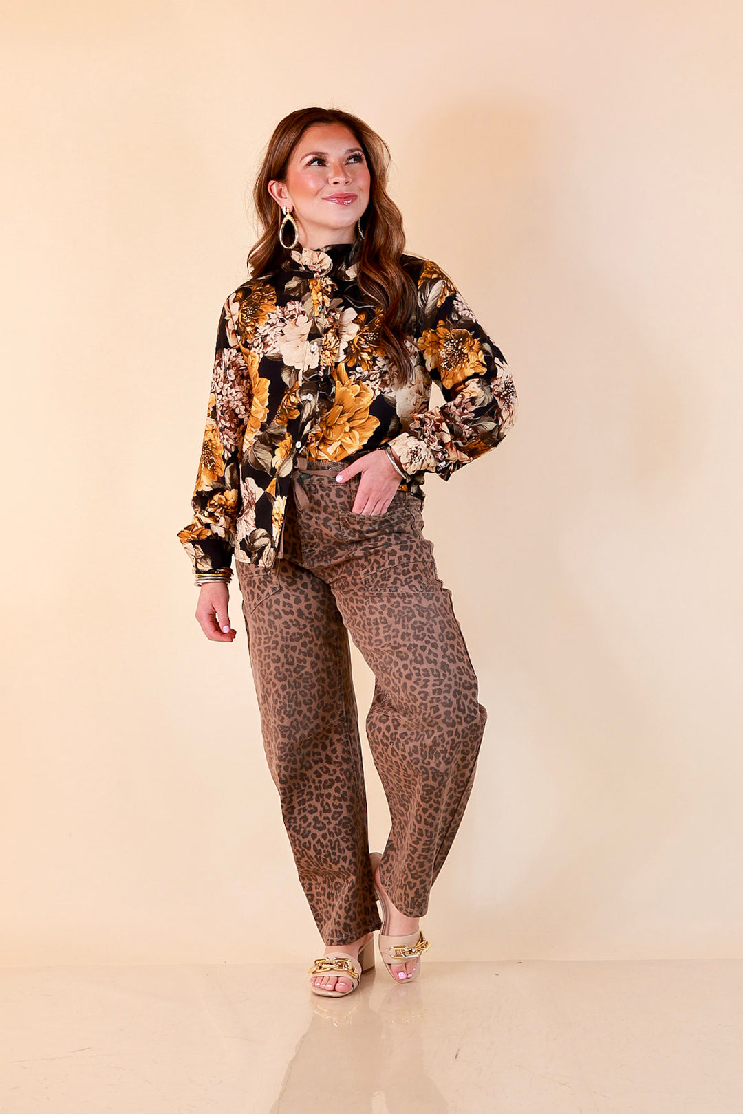 Heart of Gold black and gold floral tie neck long sleeve blouse