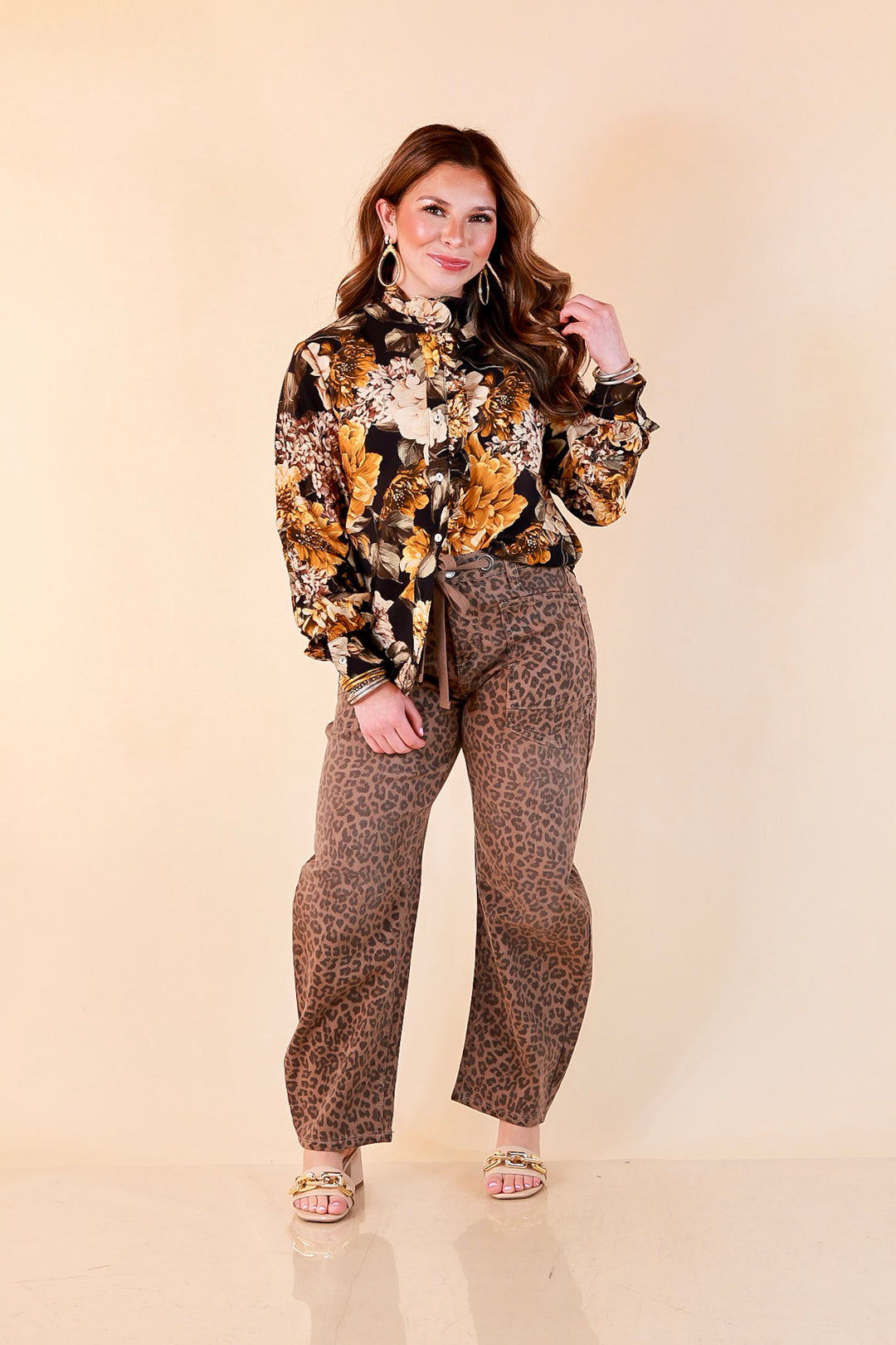 Heart of Gold black and gold floral tie neck long sleeve blouse
