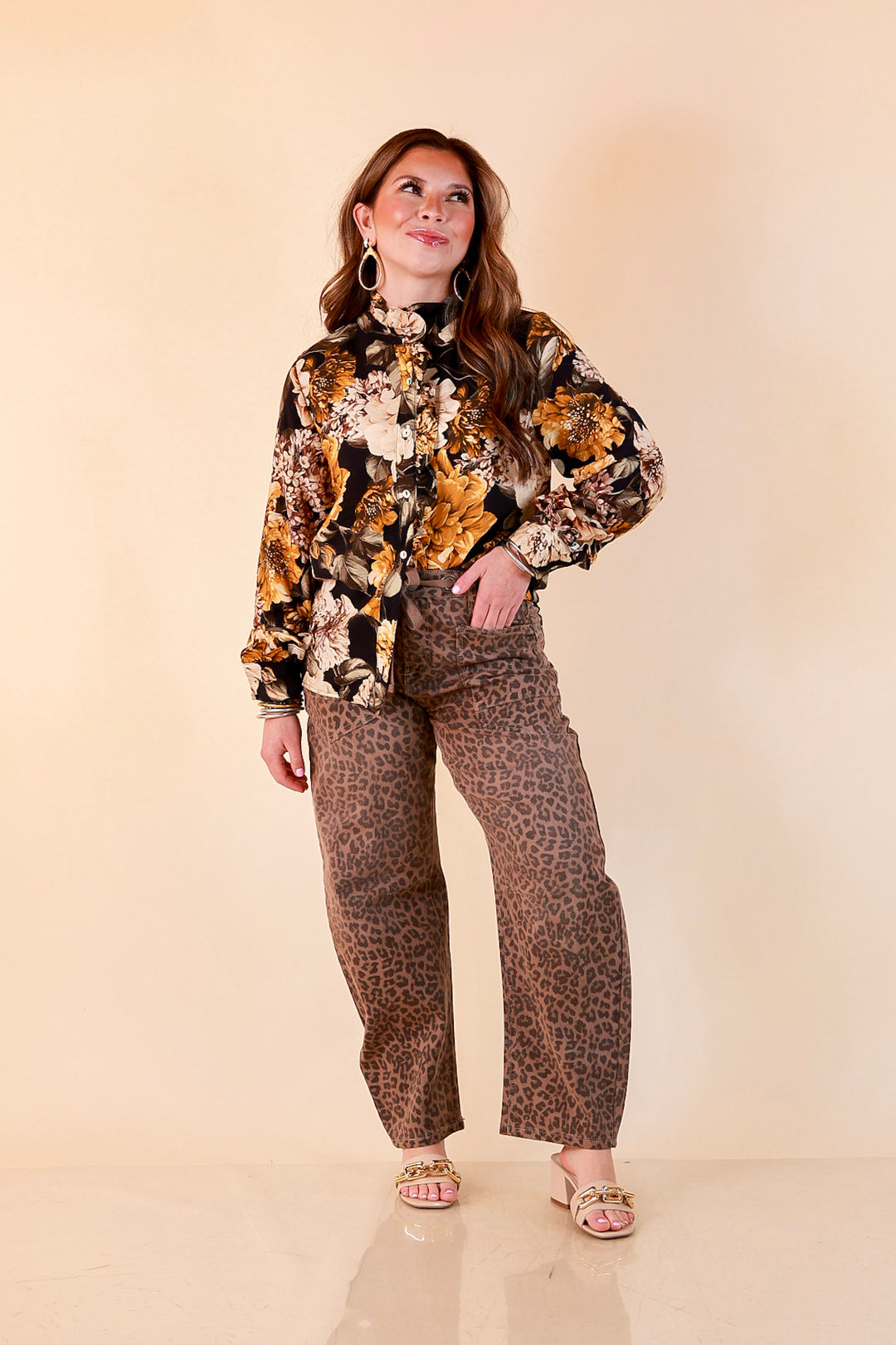 Heart of Gold black and gold floral tie neck long sleeve blouse