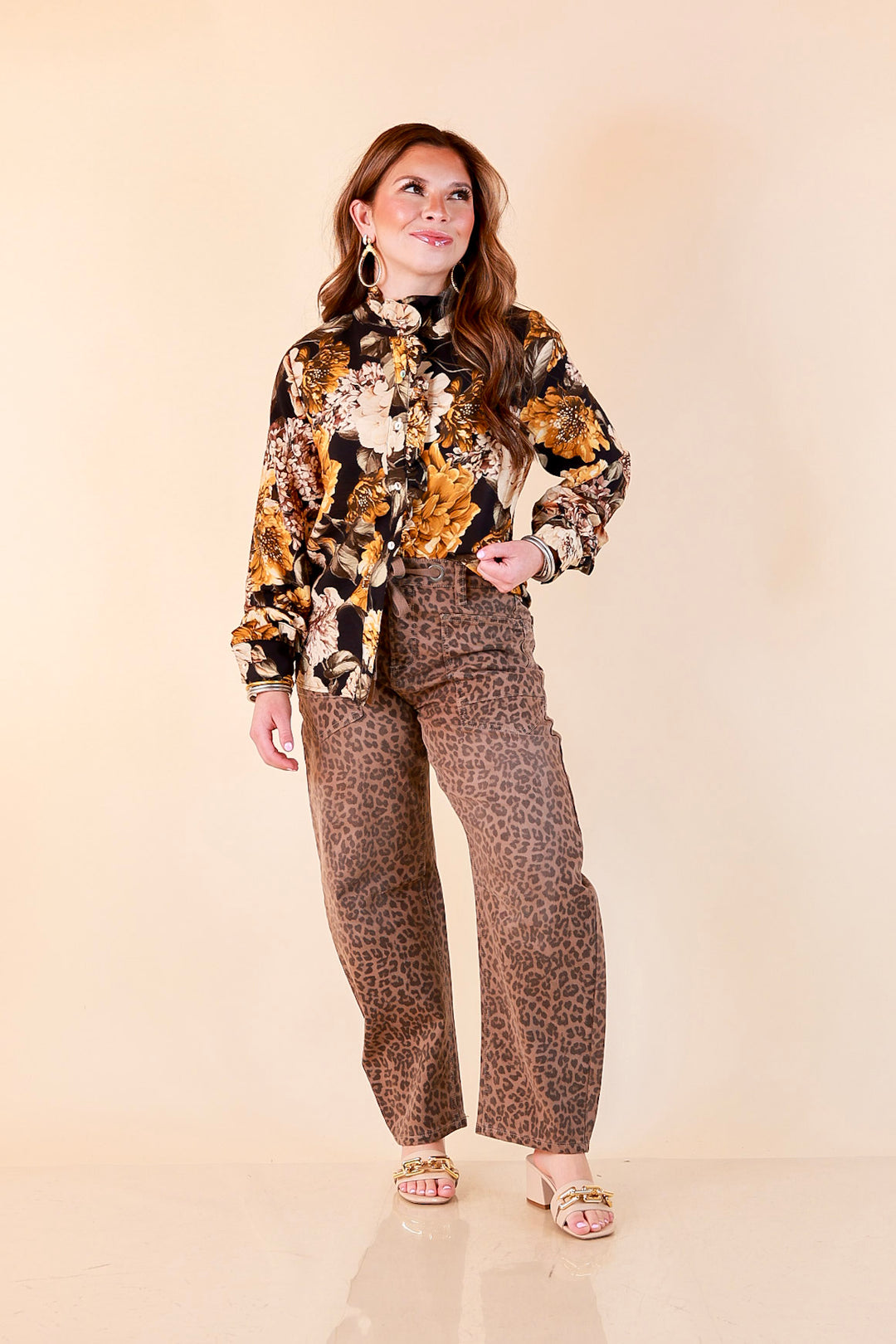 Heart of Gold black and gold floral tie neck long sleeve blouse