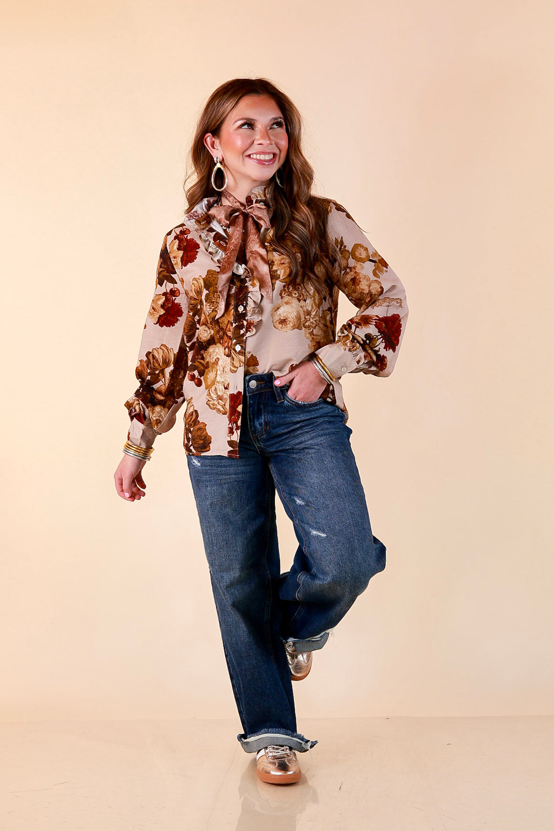 Heart of Gold floral tie neck long sleeve blouse in brown