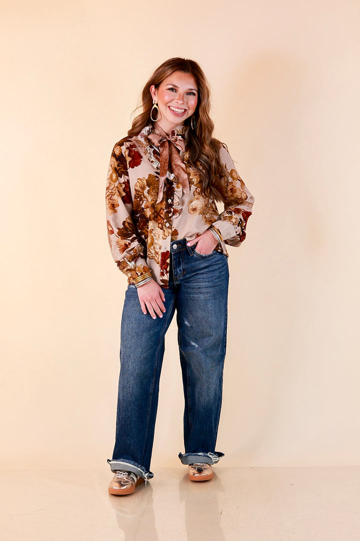Heart of Gold floral tie neck long sleeve blouse in brown