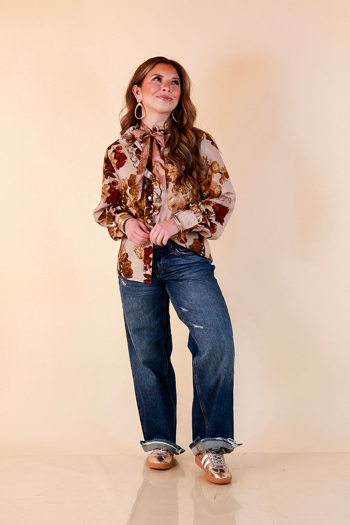 Heart of Gold floral tie neck long sleeve blouse in brown